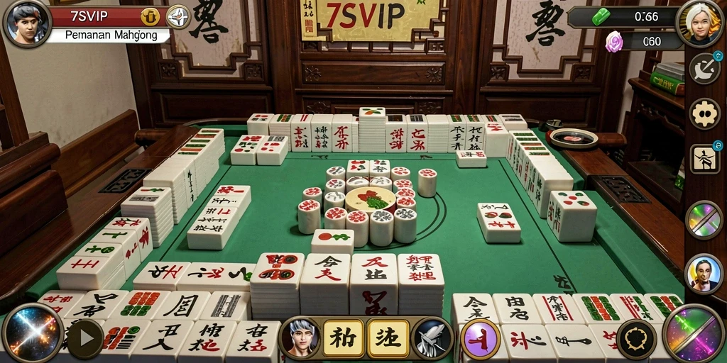 Screenshot gameplay Mahjong di 7SVIP yang menampilkan ubin berwarna-warni.