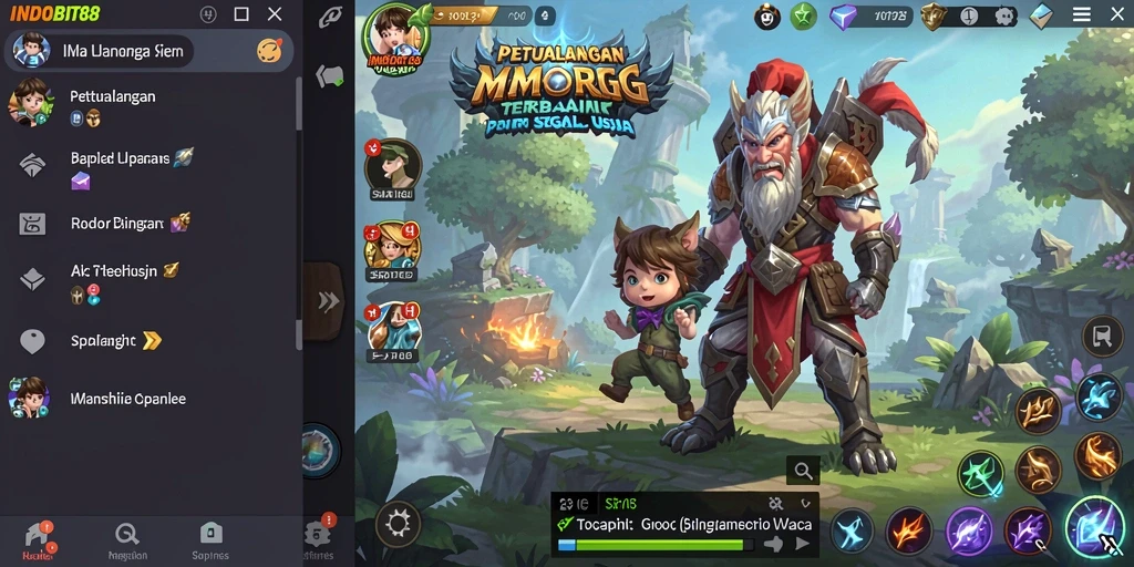 Tangkapan layar gameplay <strong>INDOBIT88</strong> yang menampilkan pertarungan epik di dunia fantasi.