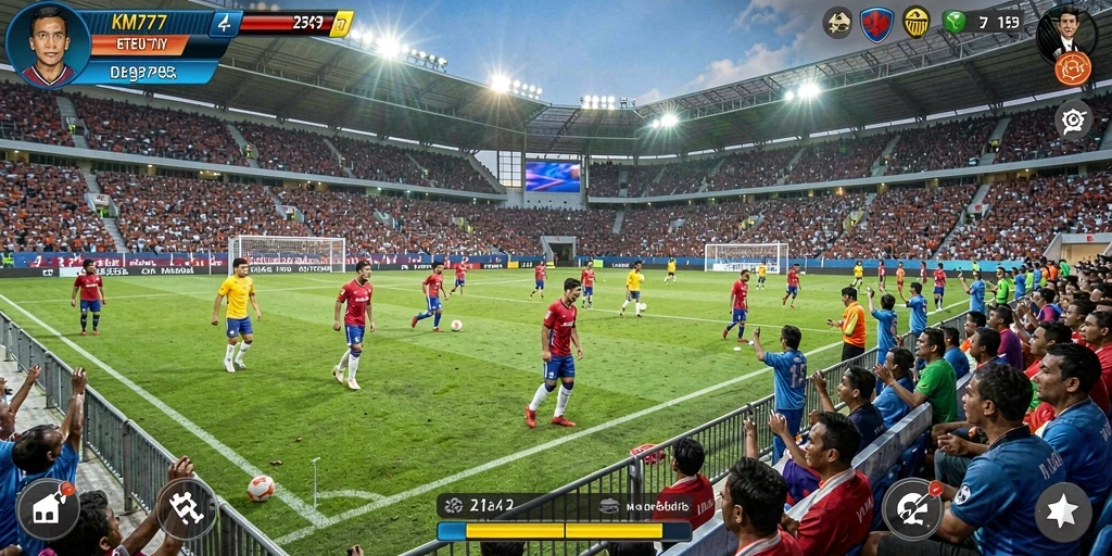 Screenshot KM777 menampilkan aksi seru di lapangan sepak bola.