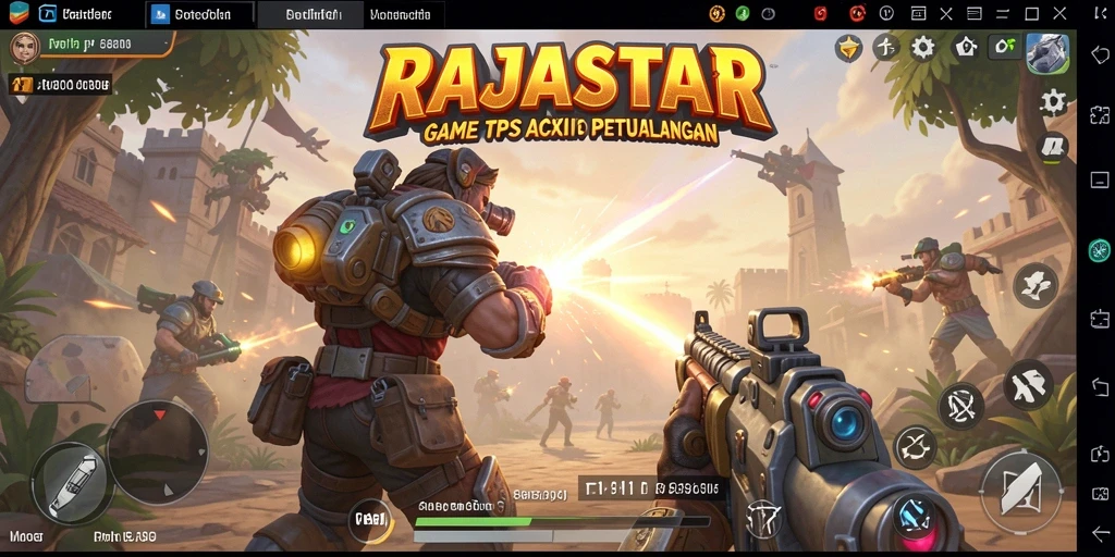 Tangkapan layar utama RAJASTAR menampilkan aksi gameplay TPS yang mendebarkan.