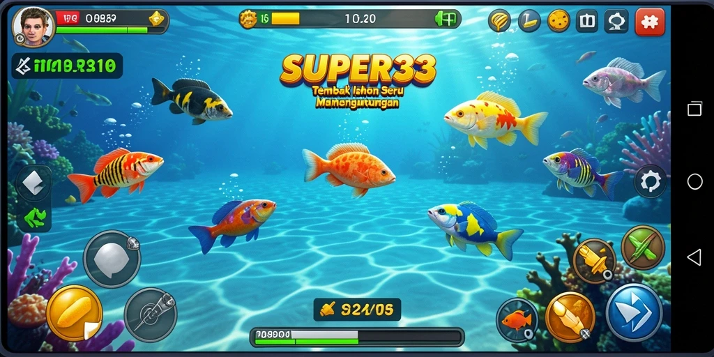 Screenshot gameplay SUPER33 menampilkan keseruan menembak ikan berwarna-warni.