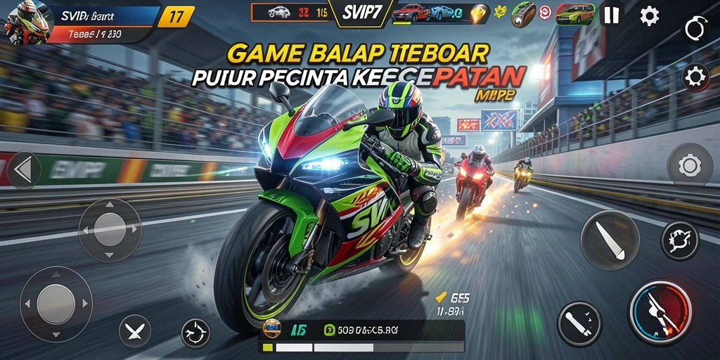 Tampilan gameplay SVIP7 yang penuh aksi di lintasan balap.