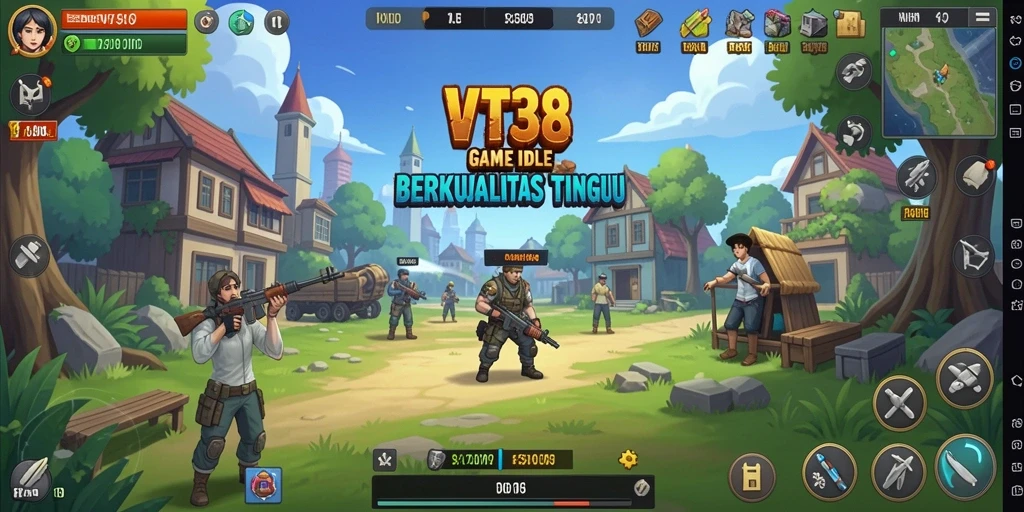 Tampilan gameplay VT38 dengan karakter yang berkembang dan sumber daya yang dikelola.