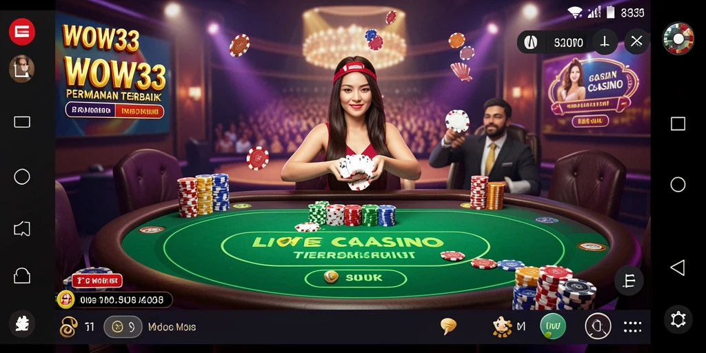 Screenshot WOW33 menampilkan dealer langsung dan gameplay seru Live Casino.